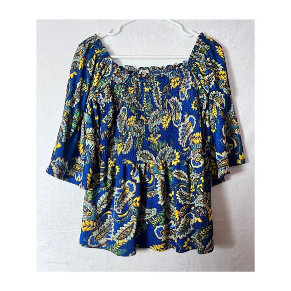 ✨Status By Chenault M Off Shoulder Peasant Blouse Boho Floral Blue Yellow - Picture 5 of 6